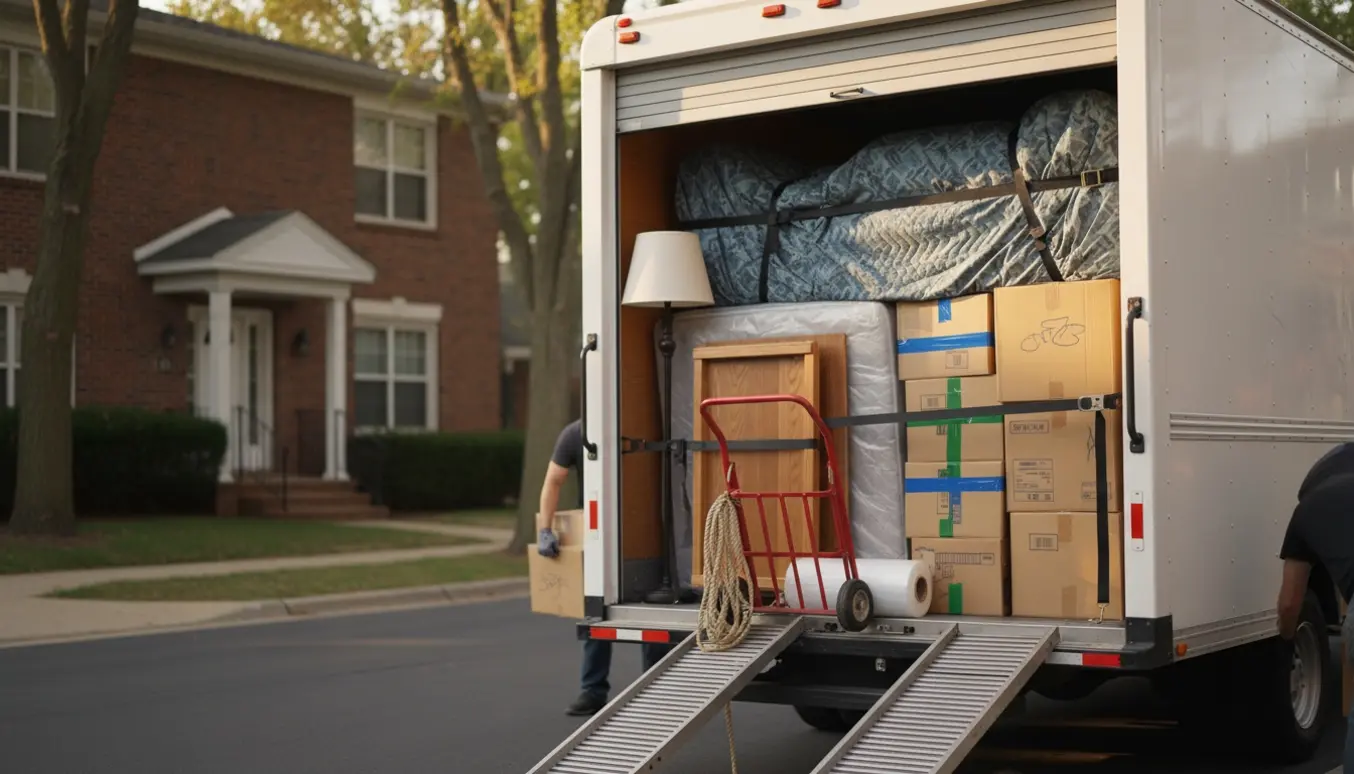 En lille flyttevogn fyldt med møbler, flyttekasser og en sækkevogn klar til transport foran en bolig.