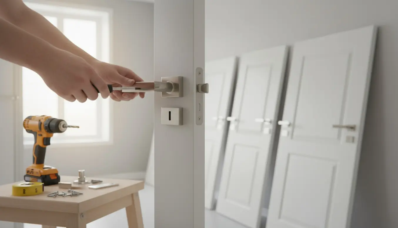 Hænder monterer et nyt moderne dørhåndtag på en indvendig dør med seks andre nymonterede dørhåndtag i baggrunden.