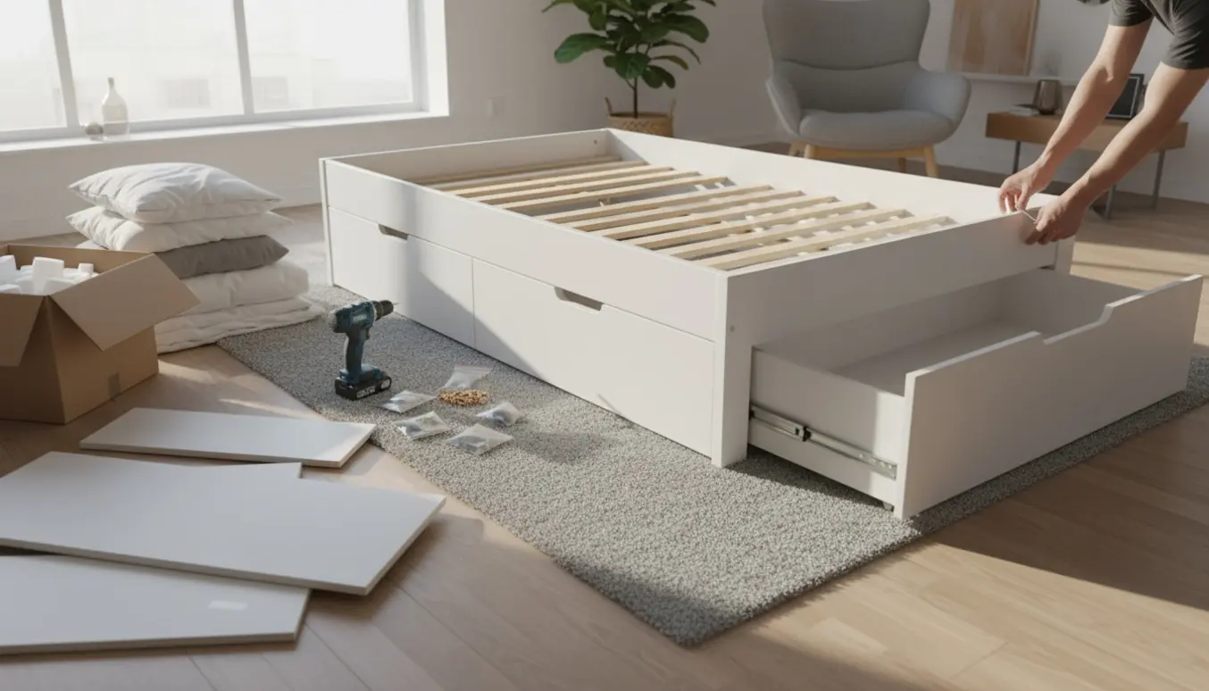 Nærbillede af montering af hvid BRIMNES sovesofa med to skuffer i et lyst, moderne værelse.