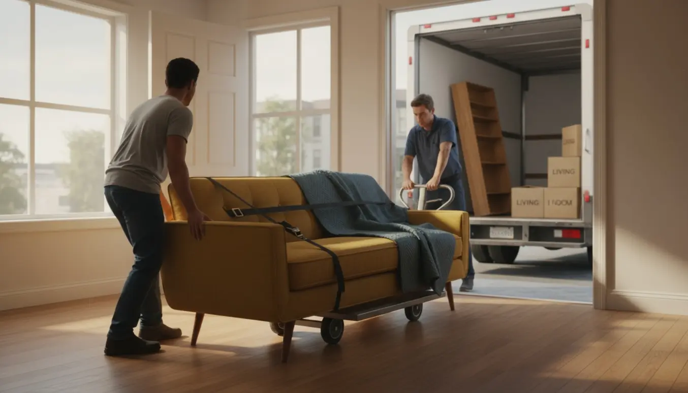 To personer flytter en sofa fra en lys stue mod en åben flyttebil med dolly og flyttetæpper.