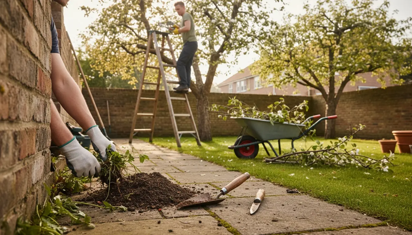 Havearbejde med fjernelse af ukrudt ved en mur og beskæring af øvre grene på fire frugttræer.