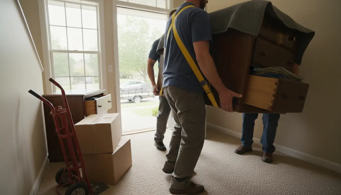 To mænd bærer en seng og to kommoder op ad en opgangstrappe, med to flyttekasser og en bil med trailer ventende udenfor.