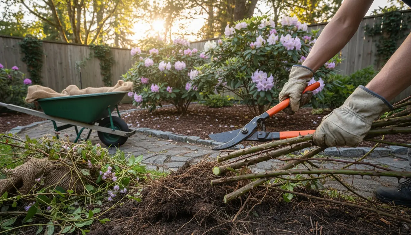 Nærbillede af hænder, der fjerner brombær og ukrudt fra et stort rhododendronbed ved hjælp af beskæresaks og trillebør.