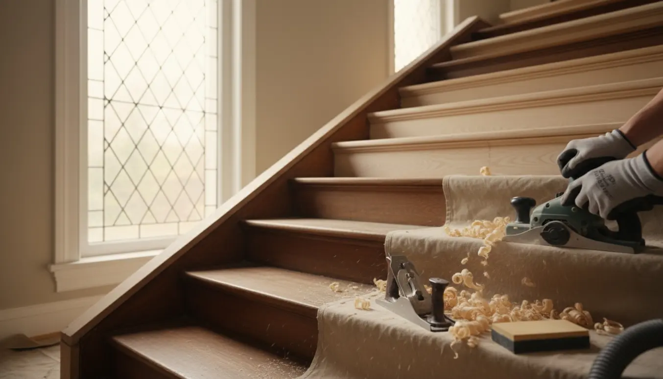 Elektrisk høvl fjerner gammel fernis fra en trappe med 14 trin og 2 repos, med træspåner og nyt, lyst træ synligt.