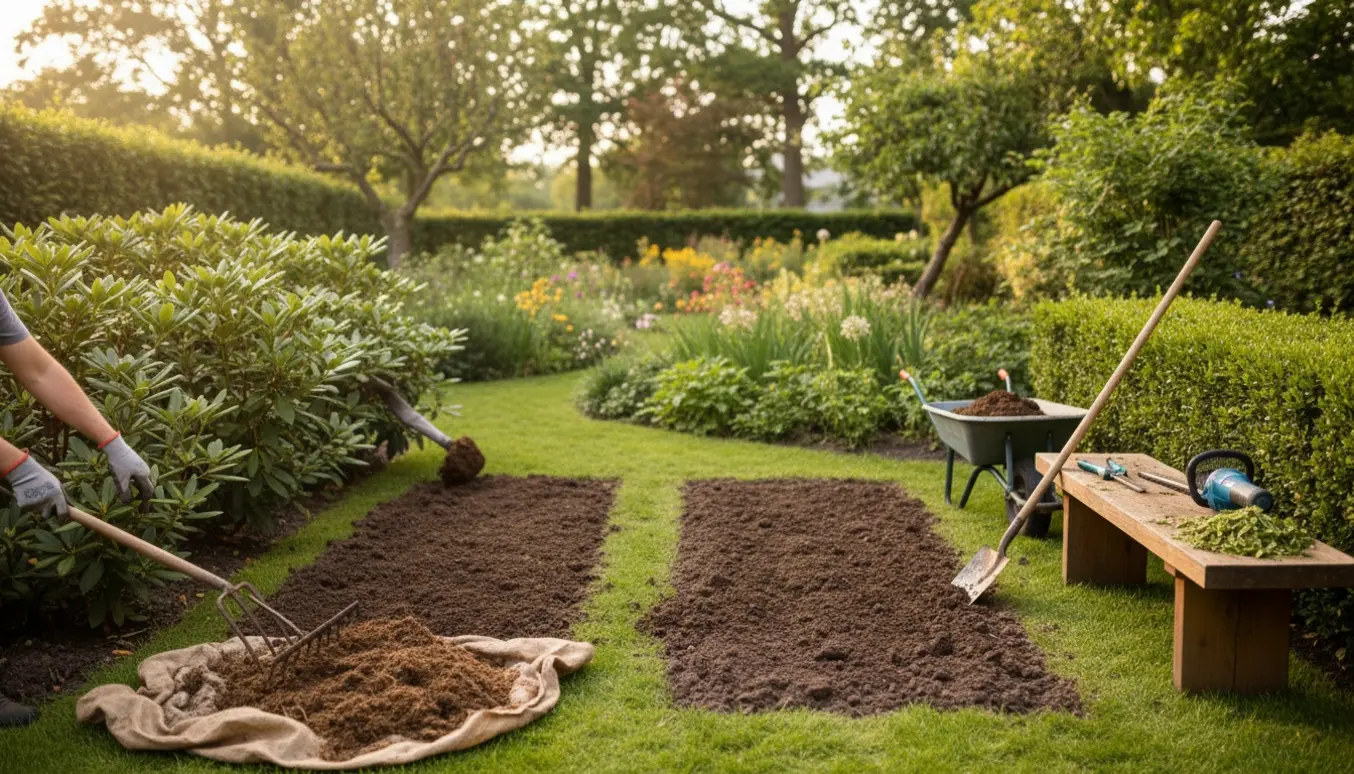 Havescene med to forberedte bede, frisk spagnum ved rododendron og nyslået hæk.