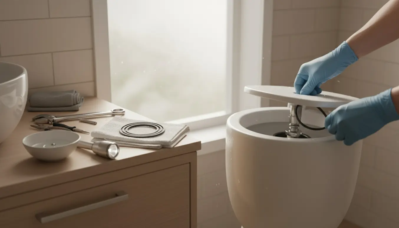 Hænder skifter en sort cisternepakning i et hvidt toilet med værktøj ved siden af.