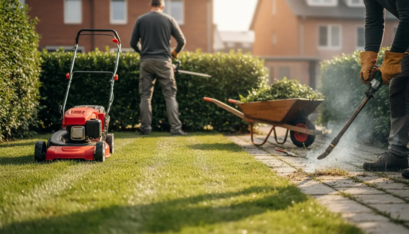 Velordnet lille have med græsslåmaskine, hækkeklipper og handskeholdt ukrudtsbrænder i brug.
