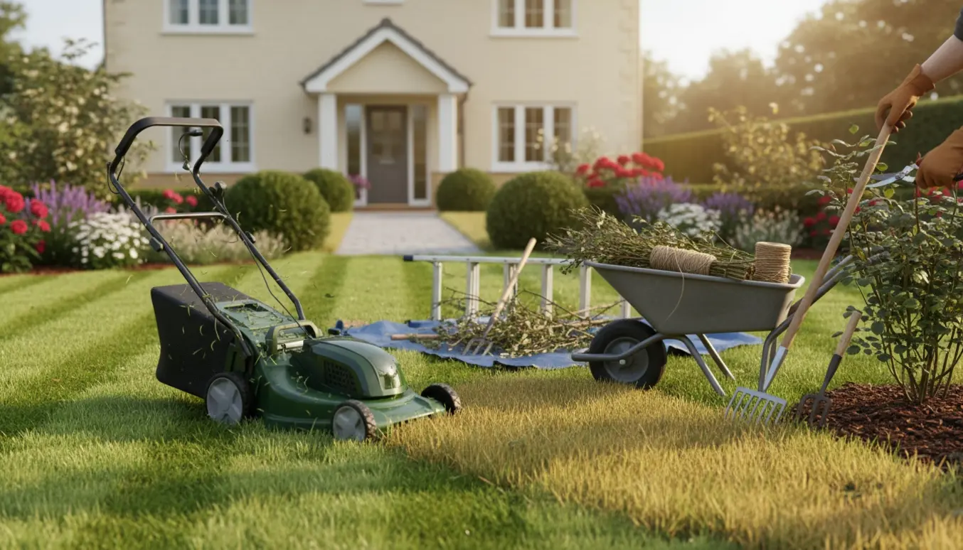 Nyslået græs og haveredskaber foran et hus, klar til salg.
