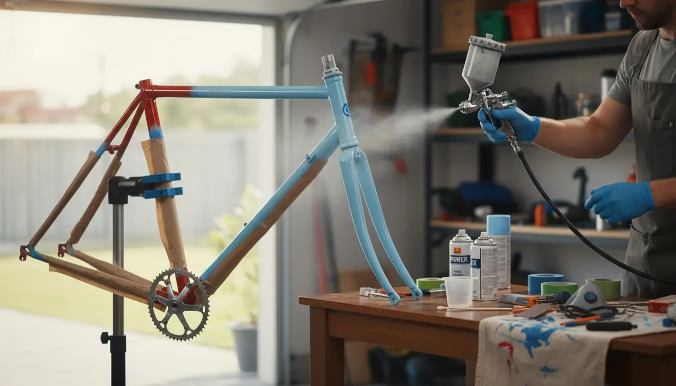 Nærbillede af en cykelramme i en garage, hvor lyseblå maling sprøjtes på en tidligere rød ramme.