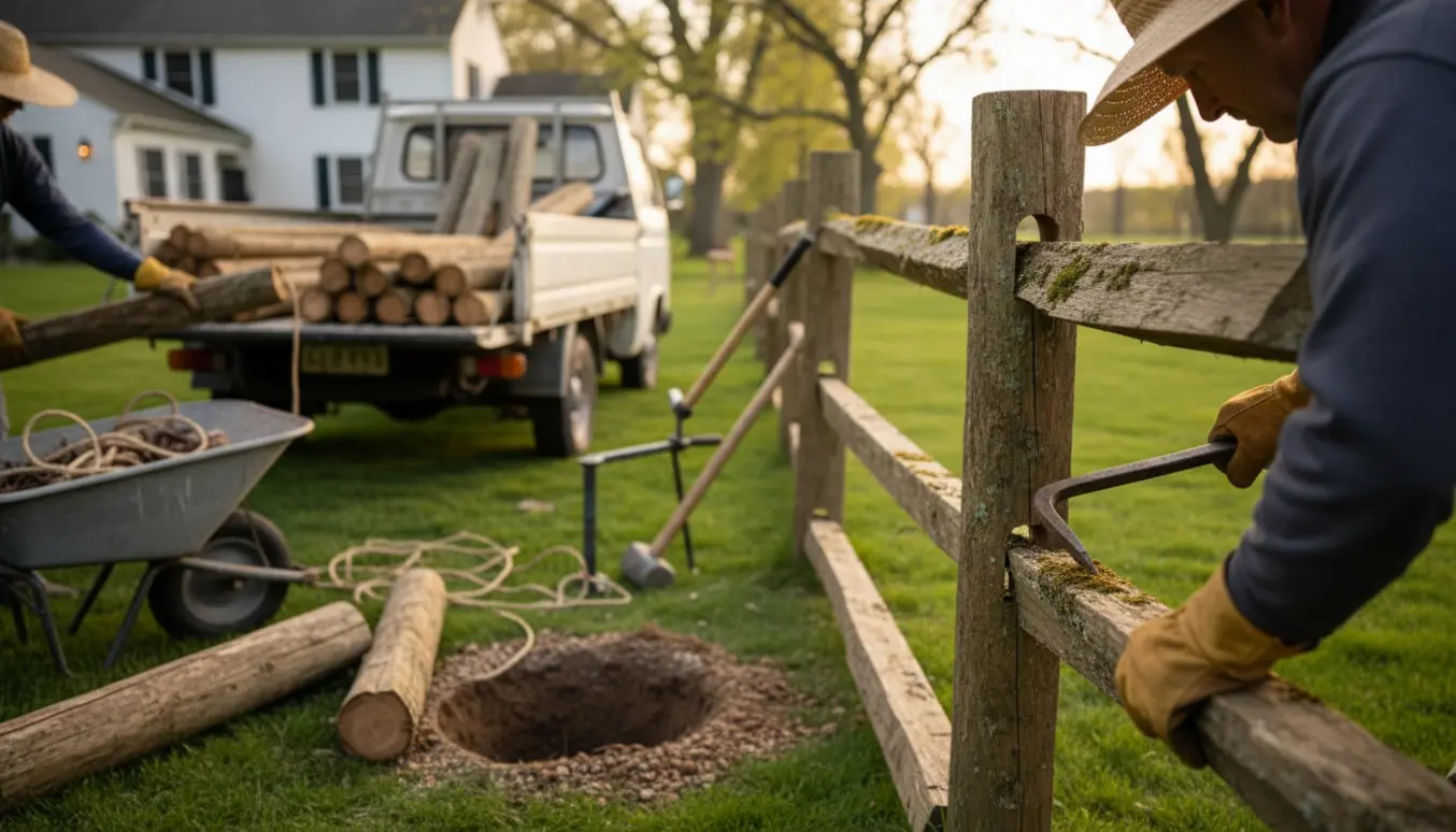 En person læsser og fjerner gamle raftehegnsstolper og rafter på en pick-up.
