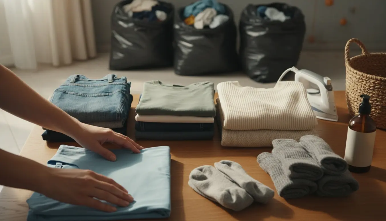 Hænder folder vasketøj på et træbord med fire sorte sække med tøj i baggrunden.