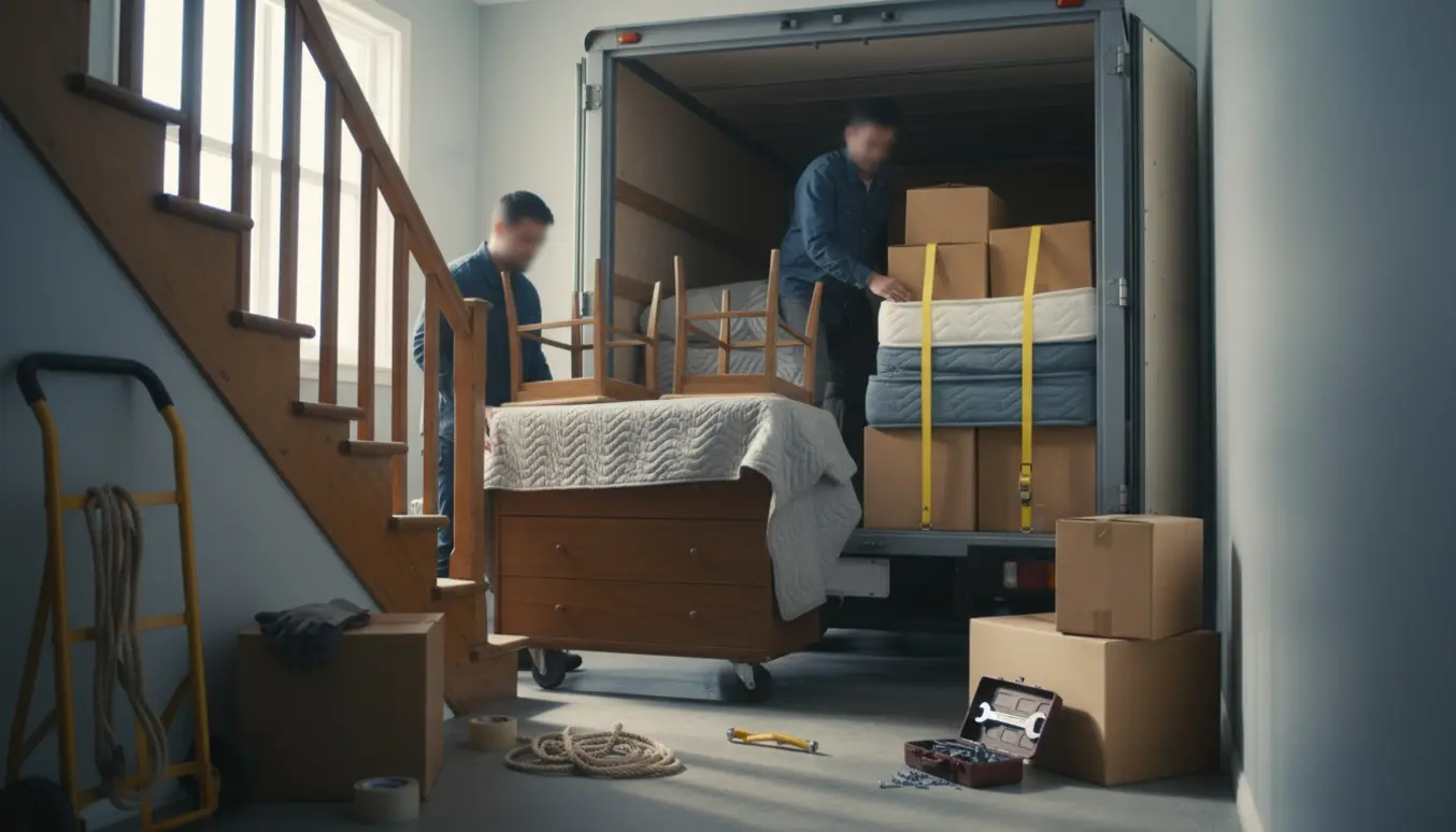 Møbler og flyttekasser bæres fra anden sal og læsses i en lille flyttebil, uden synlige ansigter.