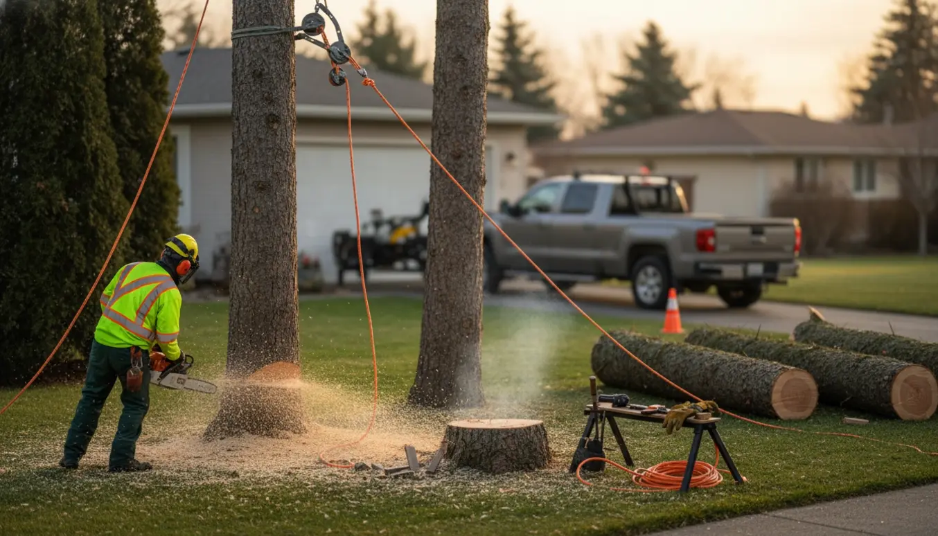 Fem grantræer fældes ved en bolig; to er tæt på huset og rigget sikkert af, mens tre ligger ned på græsset.