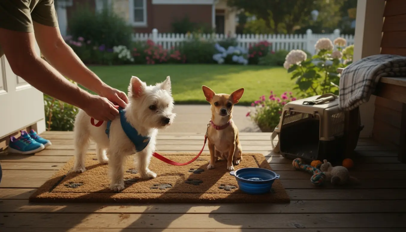 To små hunde får sele på af en voksen på en solrig veranda, klar til en gåtur.