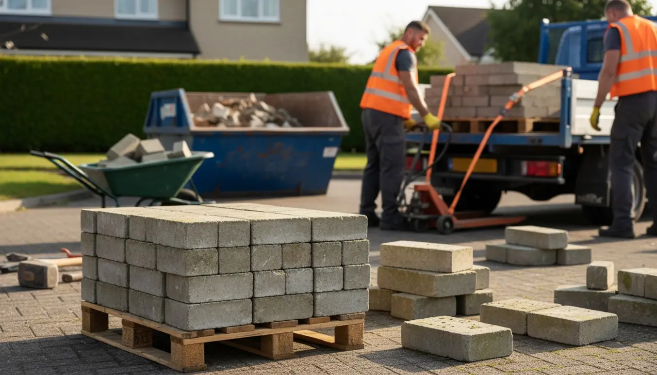 Stak betonfliser bliver læsset på en fladbedet lastbil klar til bortskaffelse.