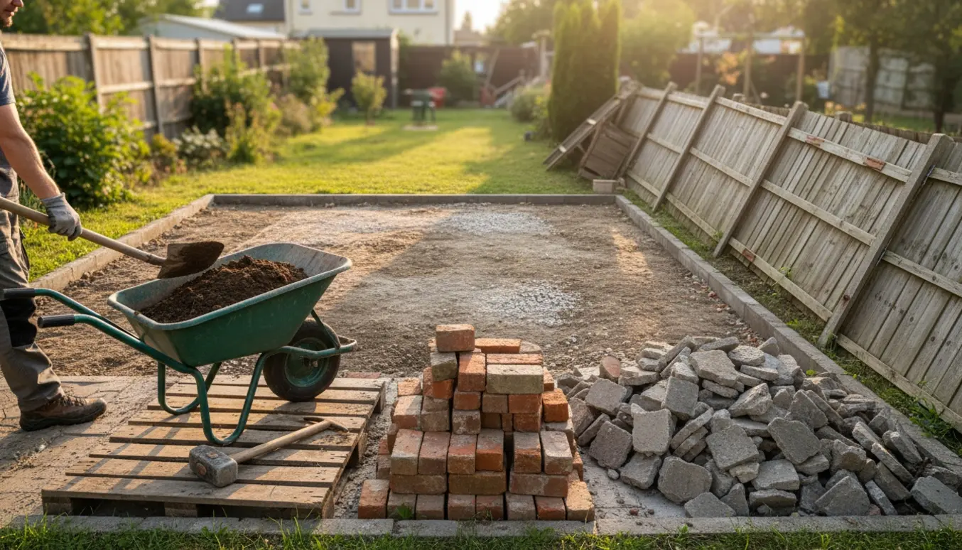 Person uden synligt ansigt fjerner mursten, beton og jord fra en lille muret terrasse ved et afmonteret træhegn.
