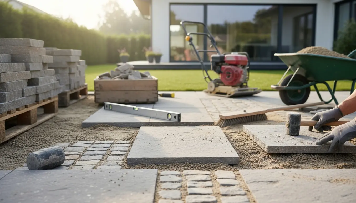 Nyanlagt stenterrasse med store fliser og brosten i fugerne, værktøj og hænder i forgrunden.