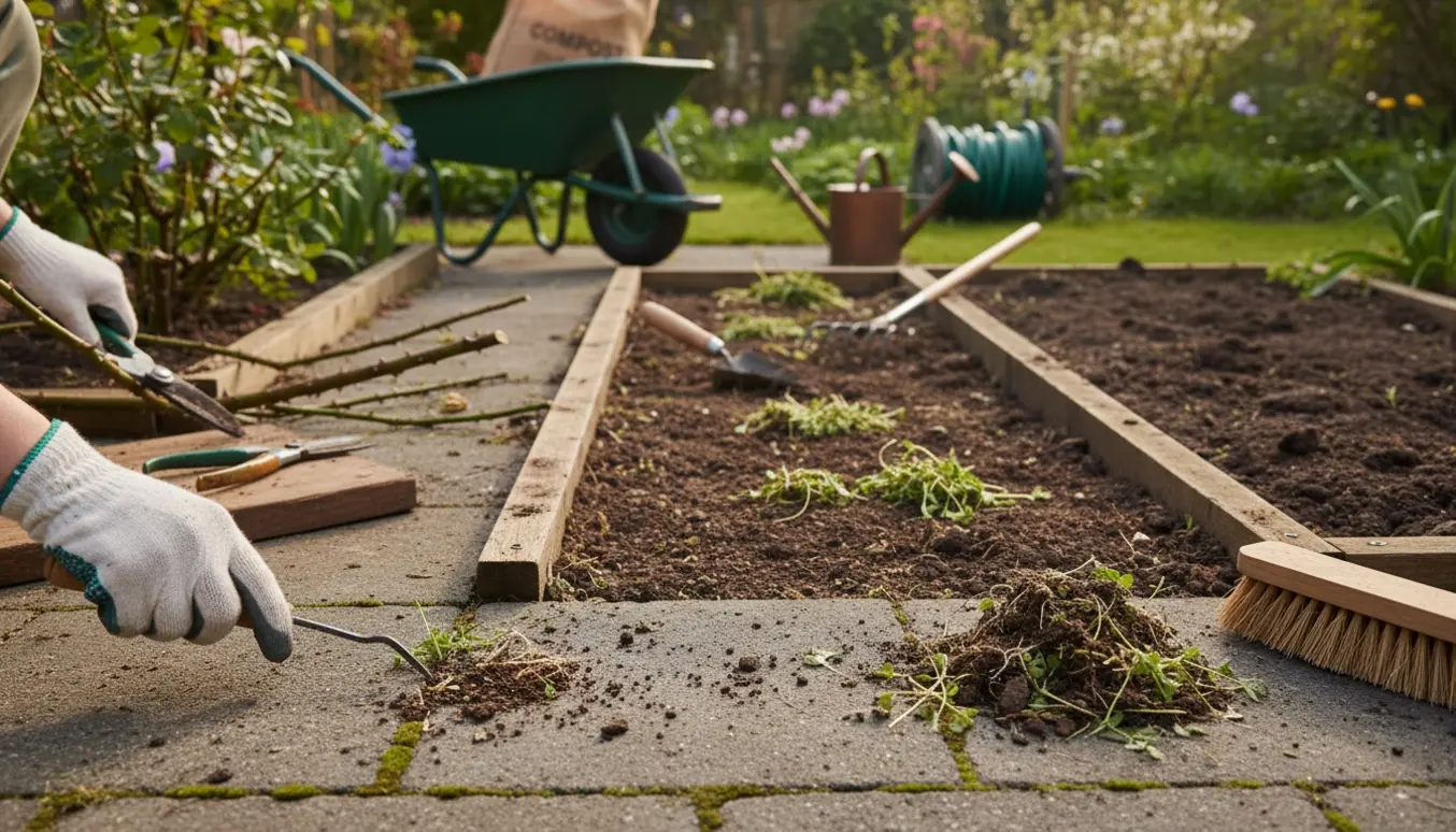 Nærbillede af terrasse og bede, hvor ukrudt fjernes mellem fliserne og en rose beskæres.