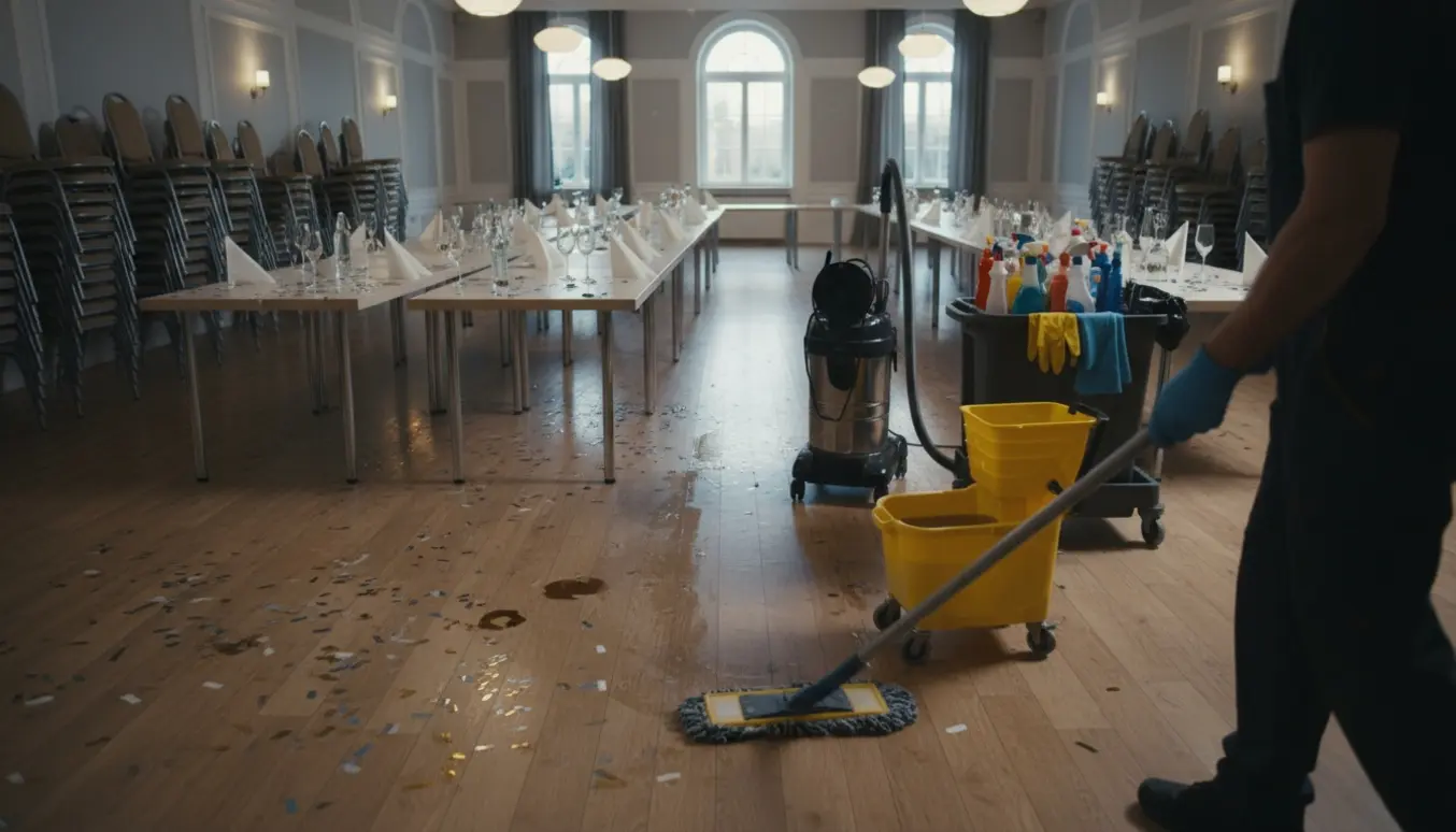 Nattefoto af rengøring i et stort selskabslokale efter bryllup med gulvvask, støvsugning og rengøringsudstyr.