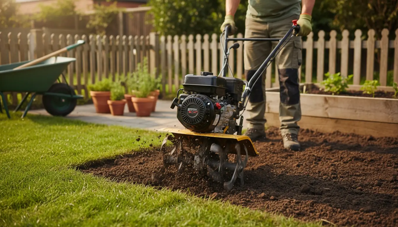 En fræser løsner mørk jord i et lille havehjørne, med handsker og redskaber i baggrunden.