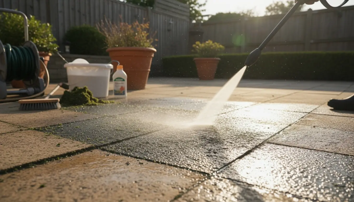 Højtryksrensning af havefliser med tydelig før-og-efter-effekt.