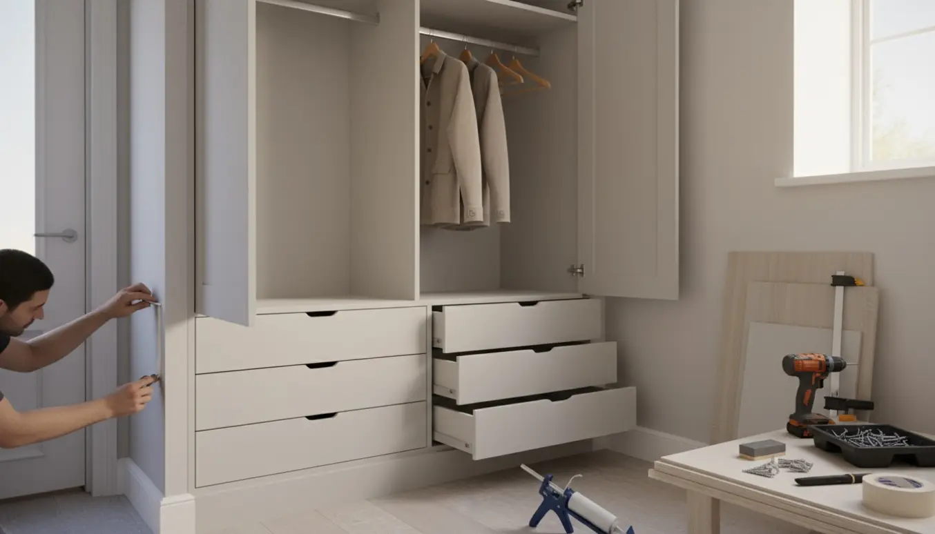 Indbygget MDF-skab i entré på sokkel med seks skuffer i bunden og fugning af kanterne.