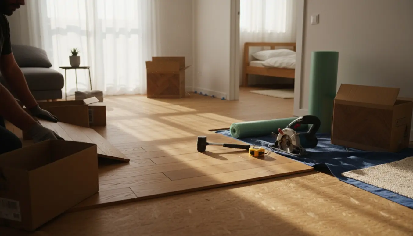 Delvist installeret nyt trægulv mellem stue og soveværelse med værktøj i blødt naturligt lys.