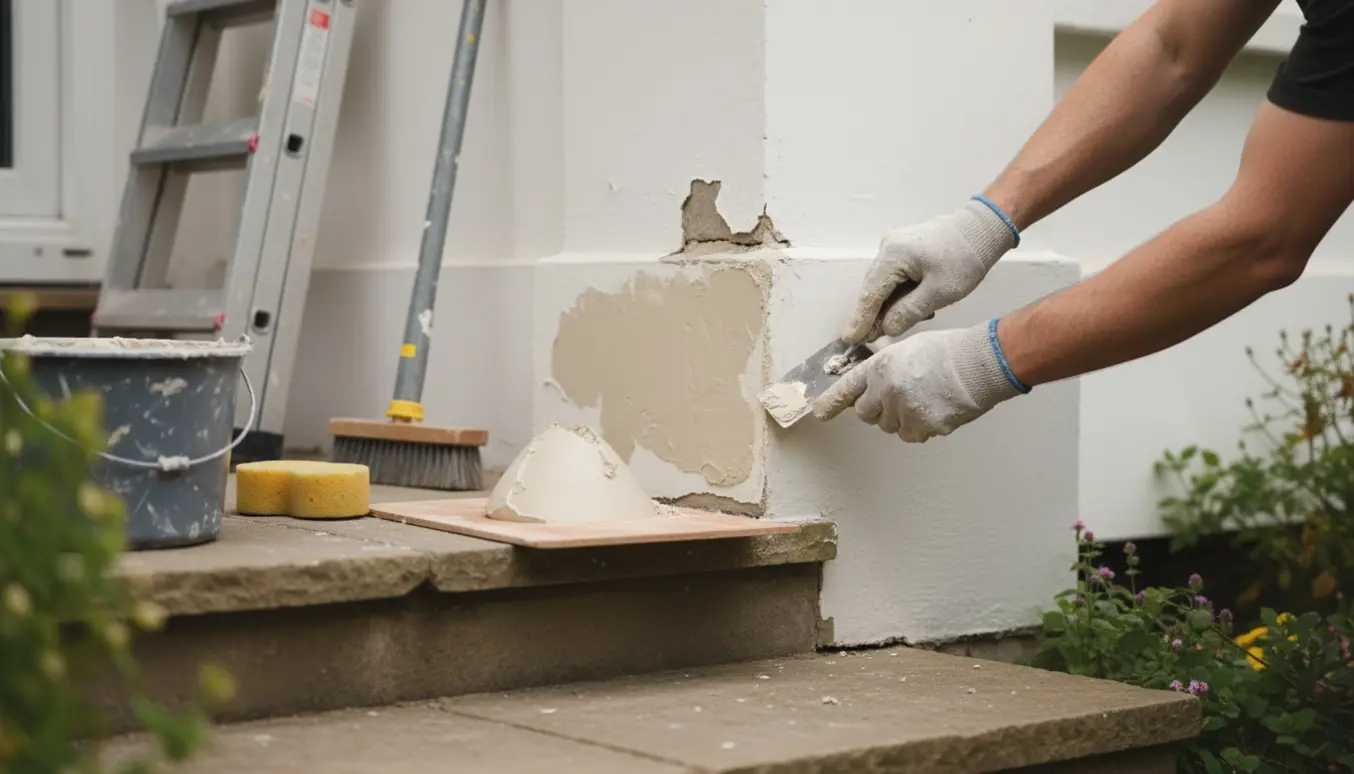 En murer reparerer små revner og huller i en hvid pudset facade ved trappe og sokkel.