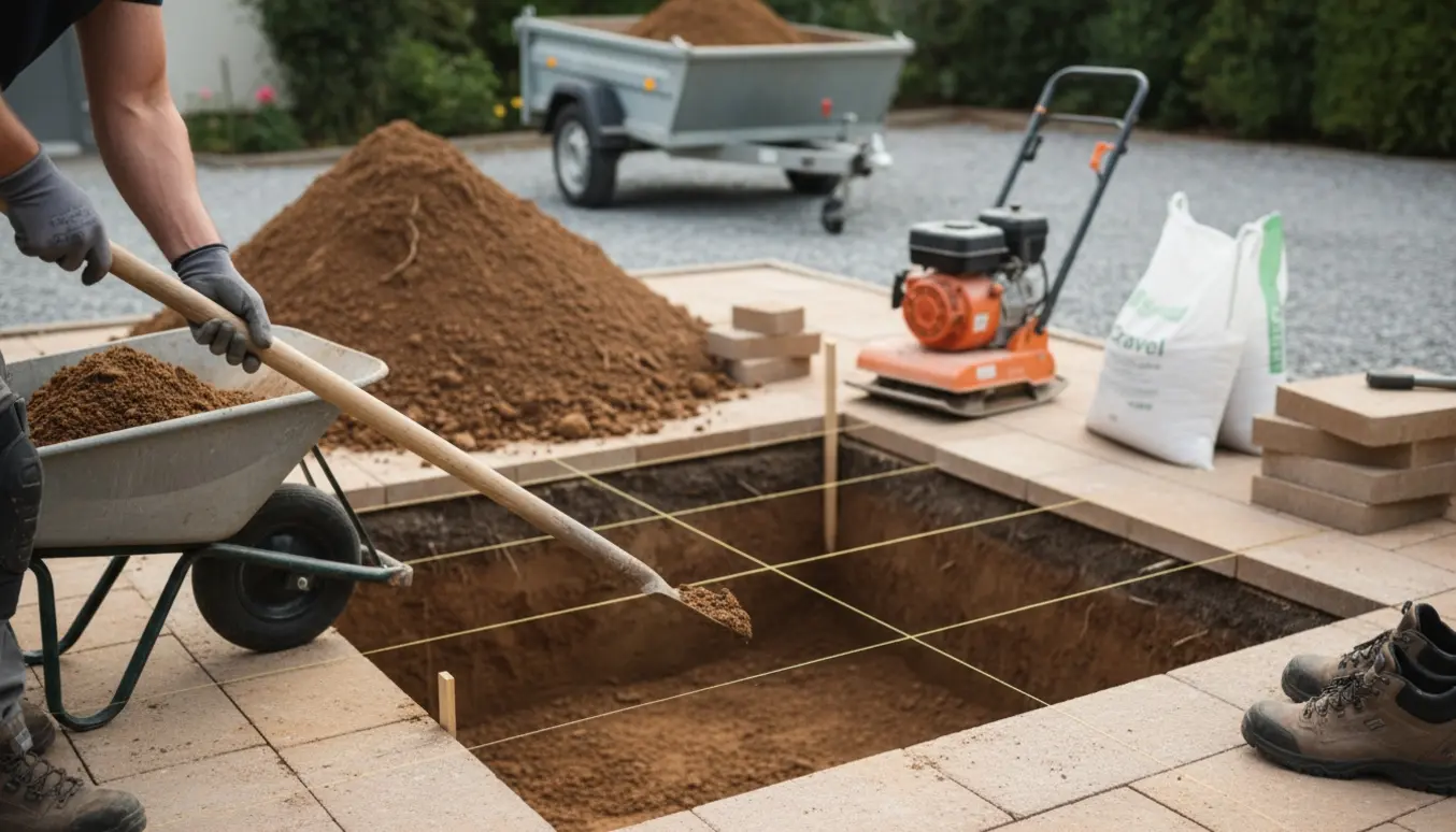 Udhugget 10 m² jordareal 30–40 cm dybt med skovl, trillebør og jordbunke klar til bortkørsel.