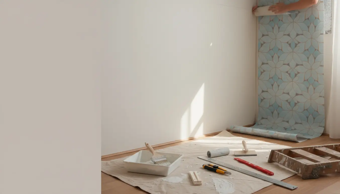 Nærbillede af en væg under tapetsering med værktøj og hænder, der glatter tapetet i et lyst rum.