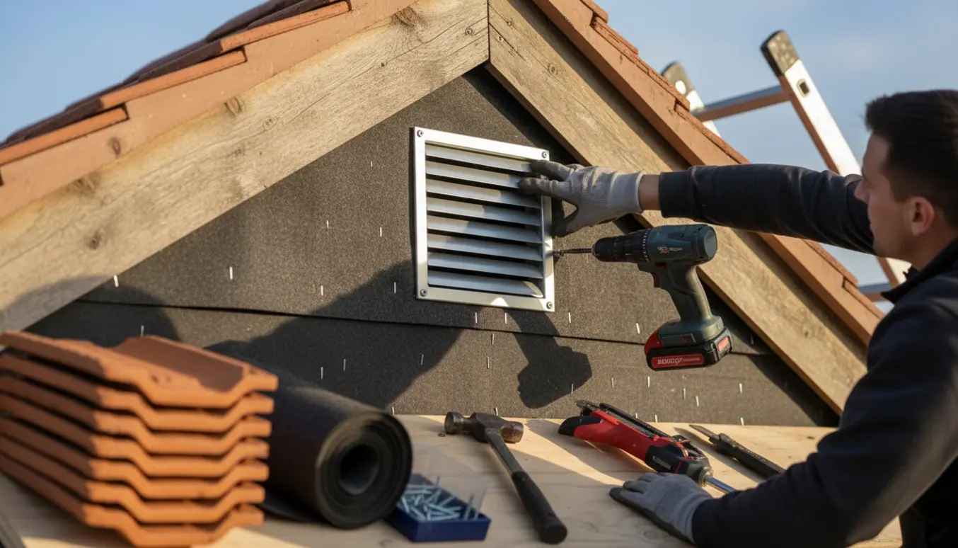 Nærbillede af hænder, der monterer en ventilationsrist i en gavl og reparerer undertaget på et tag.