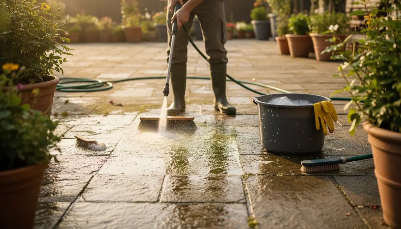 Rensning af terrassefliser med højtryksrenser og børste, hvor alger fjernes og en ren stribe tydeligt fremstår.