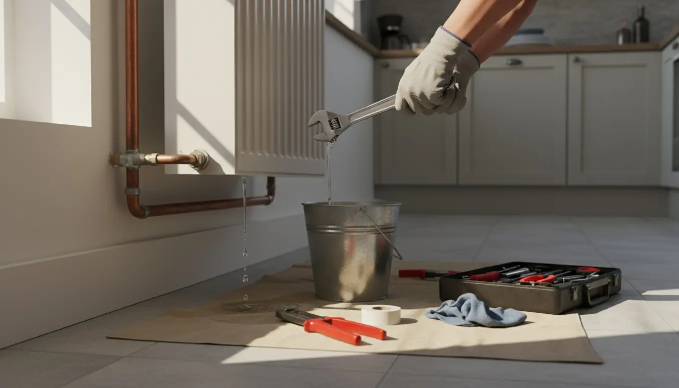 Handværker fjerner en radiator i et køkken med værktøj og en spand til opsamling af vand.