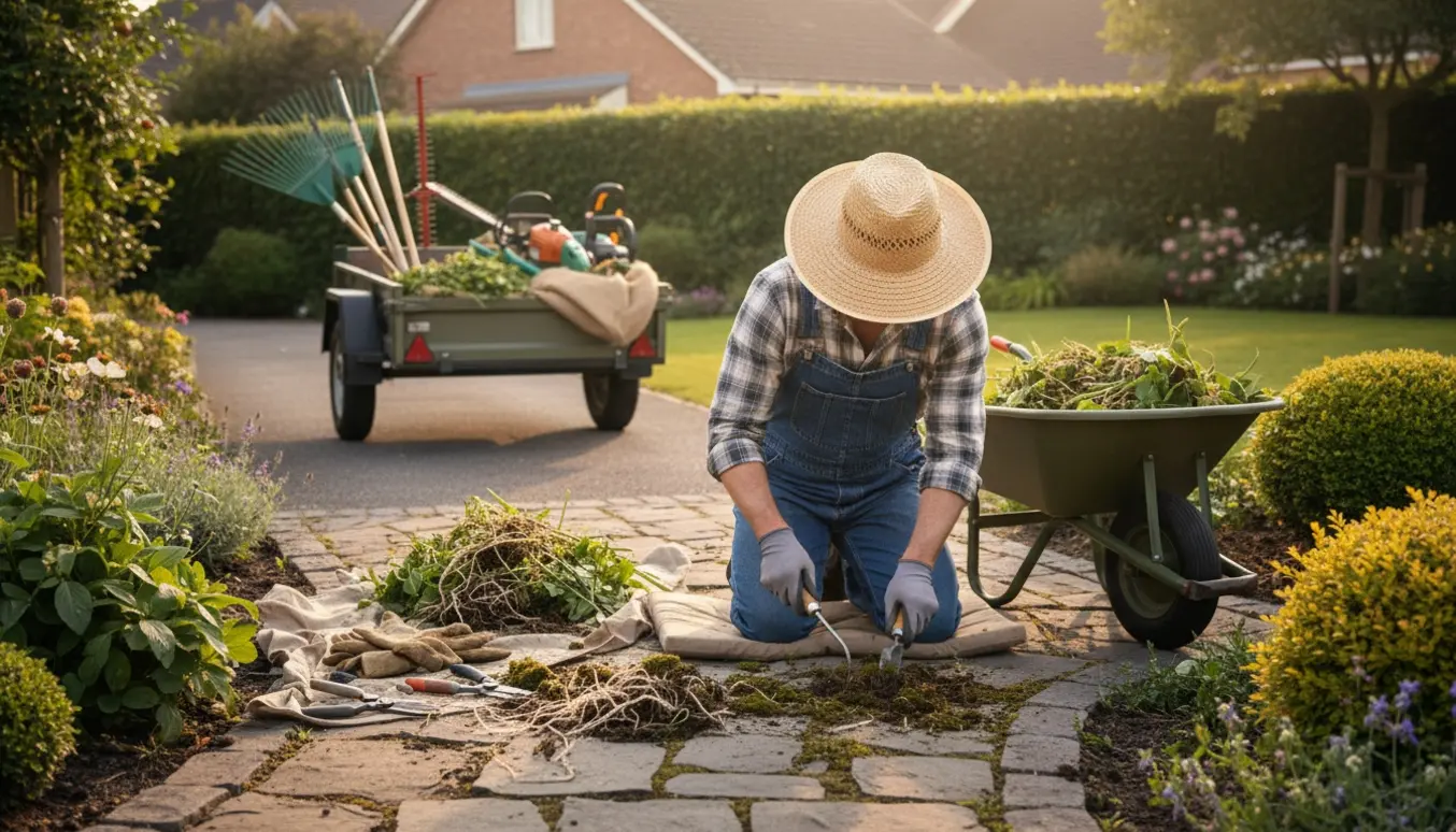 Person set bagfra fjerner ukrudt mellem fliser med værktøj, beskårede stauder og trailer i baggrunden.