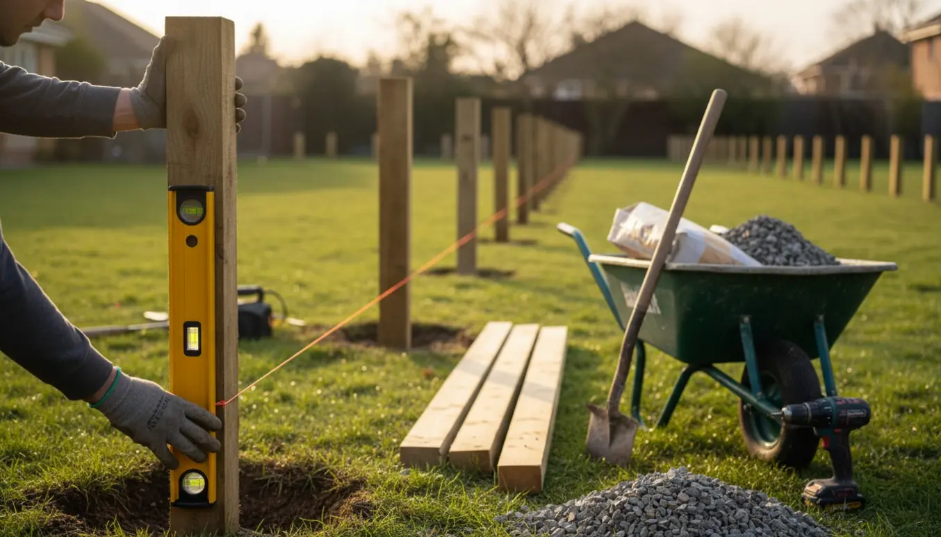 Opstilling af et ca. 60 meter langt hegn i en have med stolper, snor og værktøj.