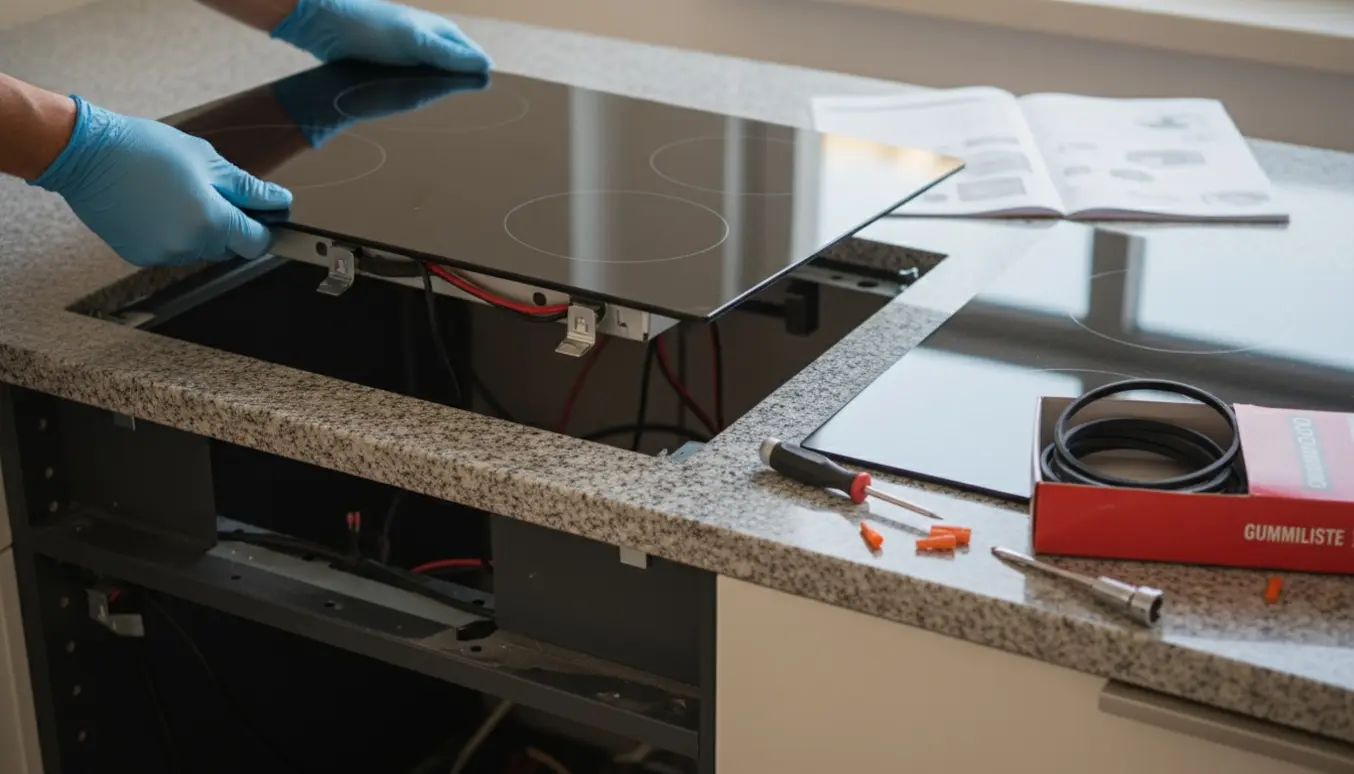 Nærbillede af hænder, der løfter en induktionskogeplade ud af bordpladen med ny kogeplade og gummiliste klar ved siden af.