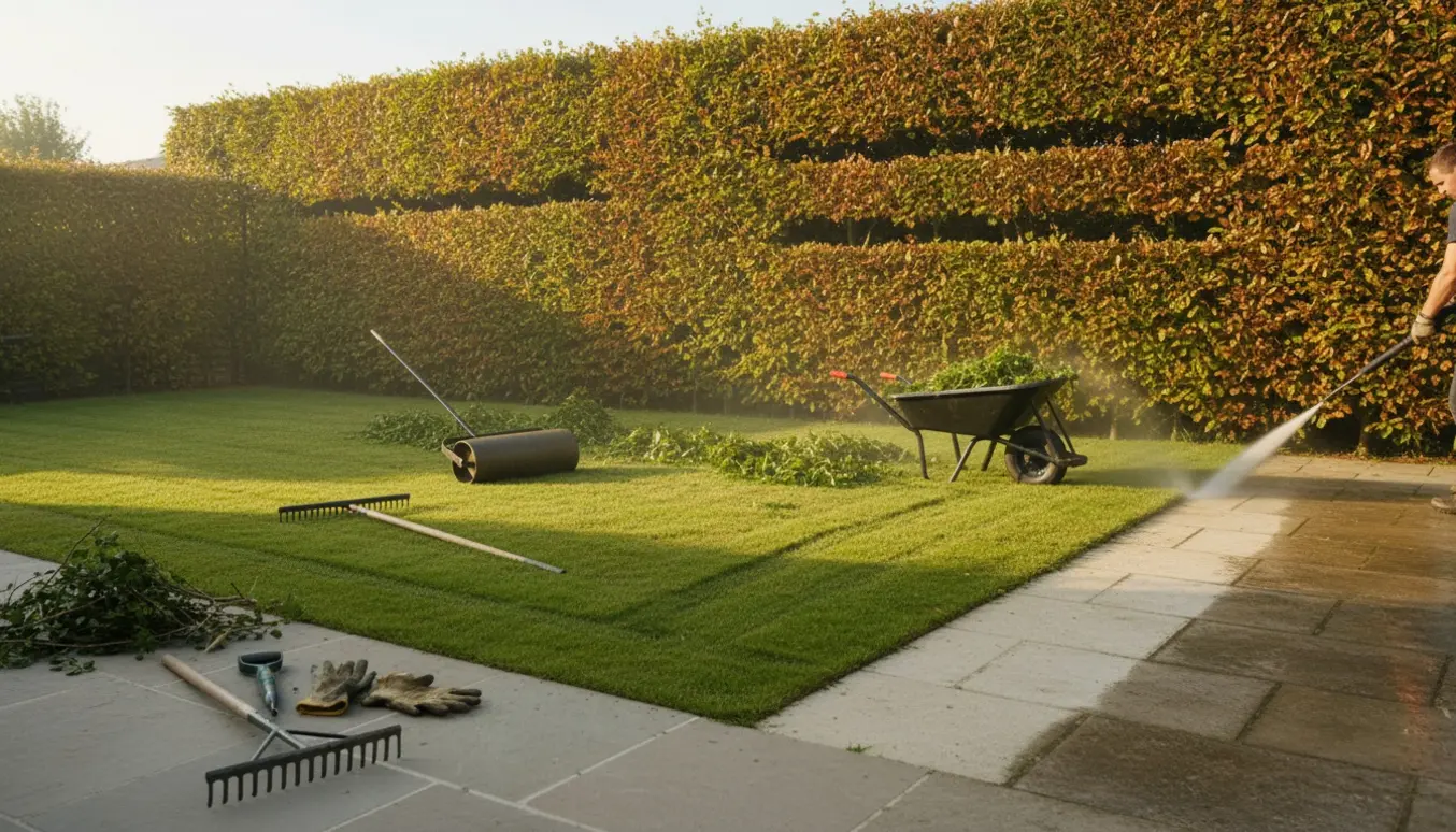 Veltrimmet bøgehæk med trillebør, rive og højtryksrensning af fliser i en have.