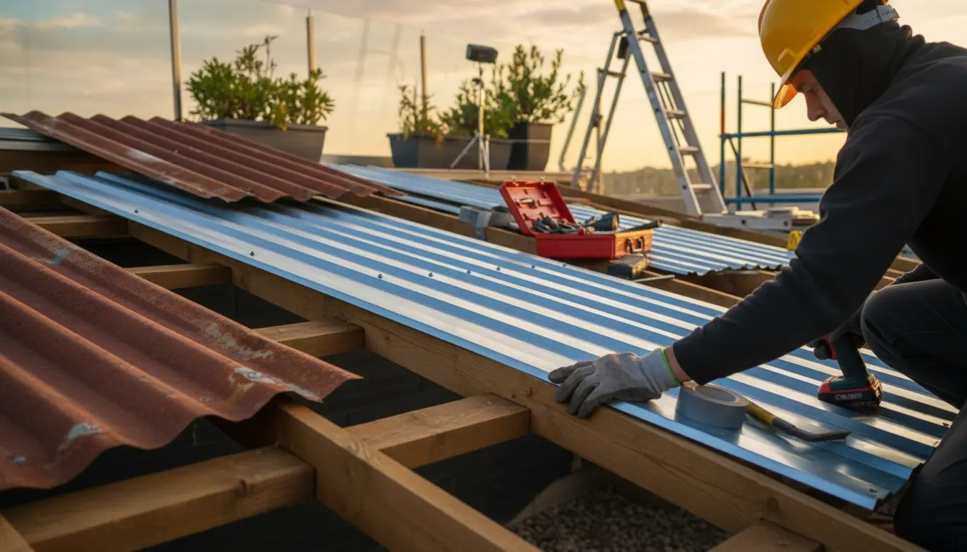 Håndværker monterer nyt galvaniseret pladttag på terrasse mens det gamle rustne tag er delvist fjernet.