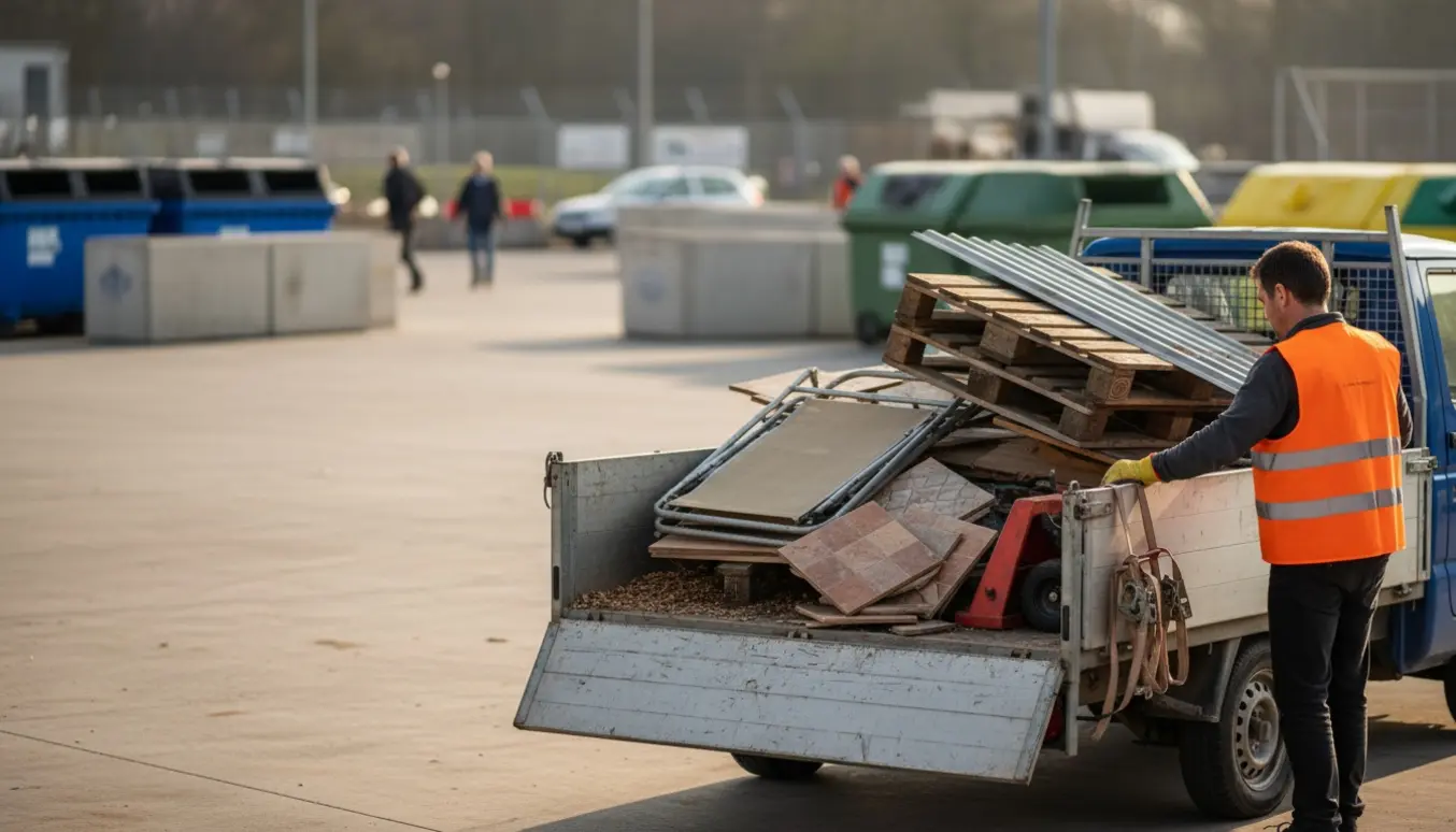 Trailer ved genbrugsplads med paller, gammelt træ, metaldele og en solvogn, en person set bagfra læsser af.