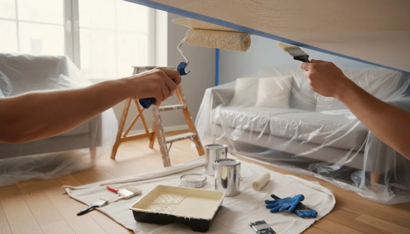 Hænder maler væg og loft med rulle og pensel, mens møbler er dækket af afdækning.