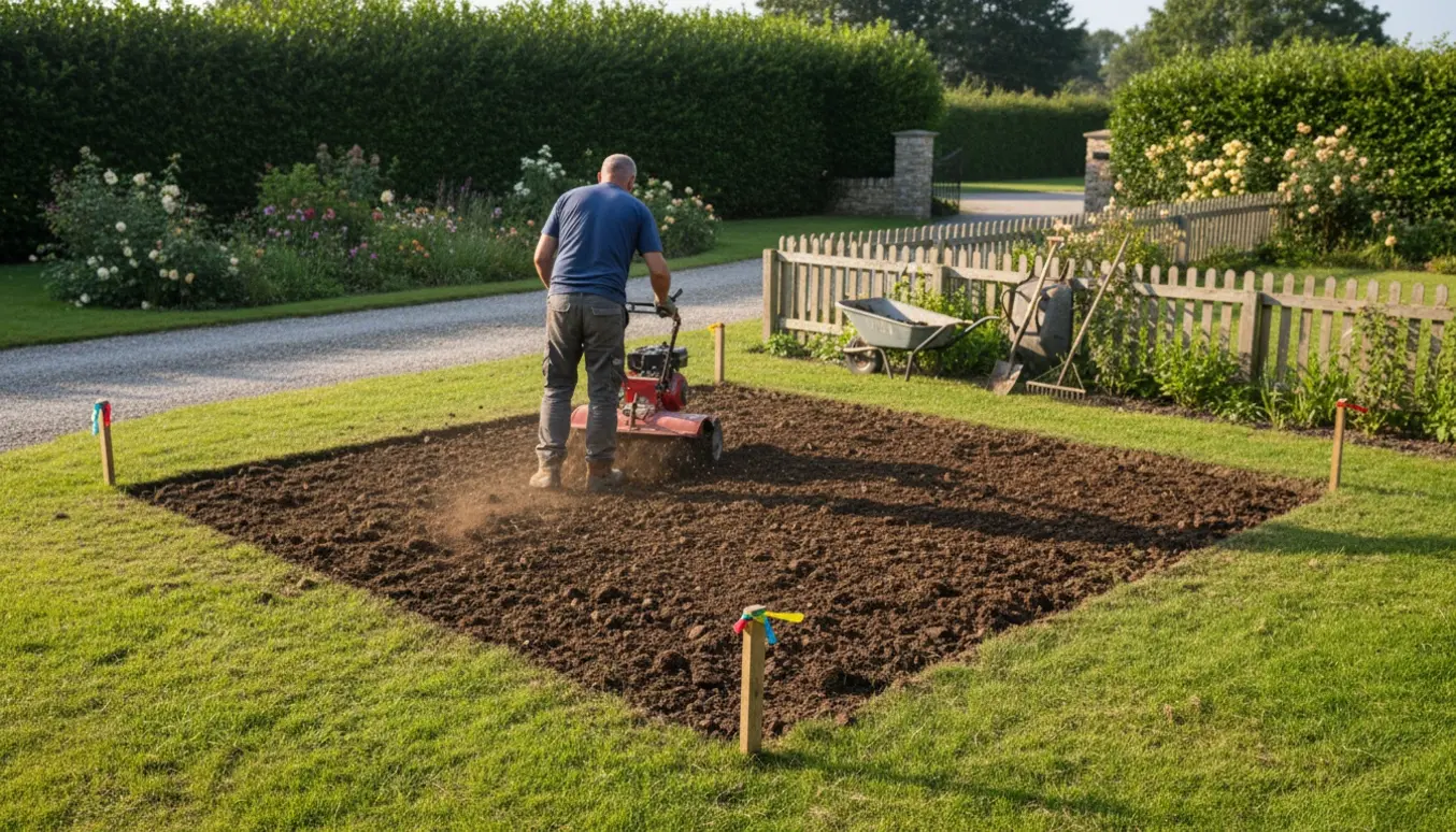 Fræset havefelt på cirka 15 x 15 m med en gåfræser i aktion ved indkørslen.