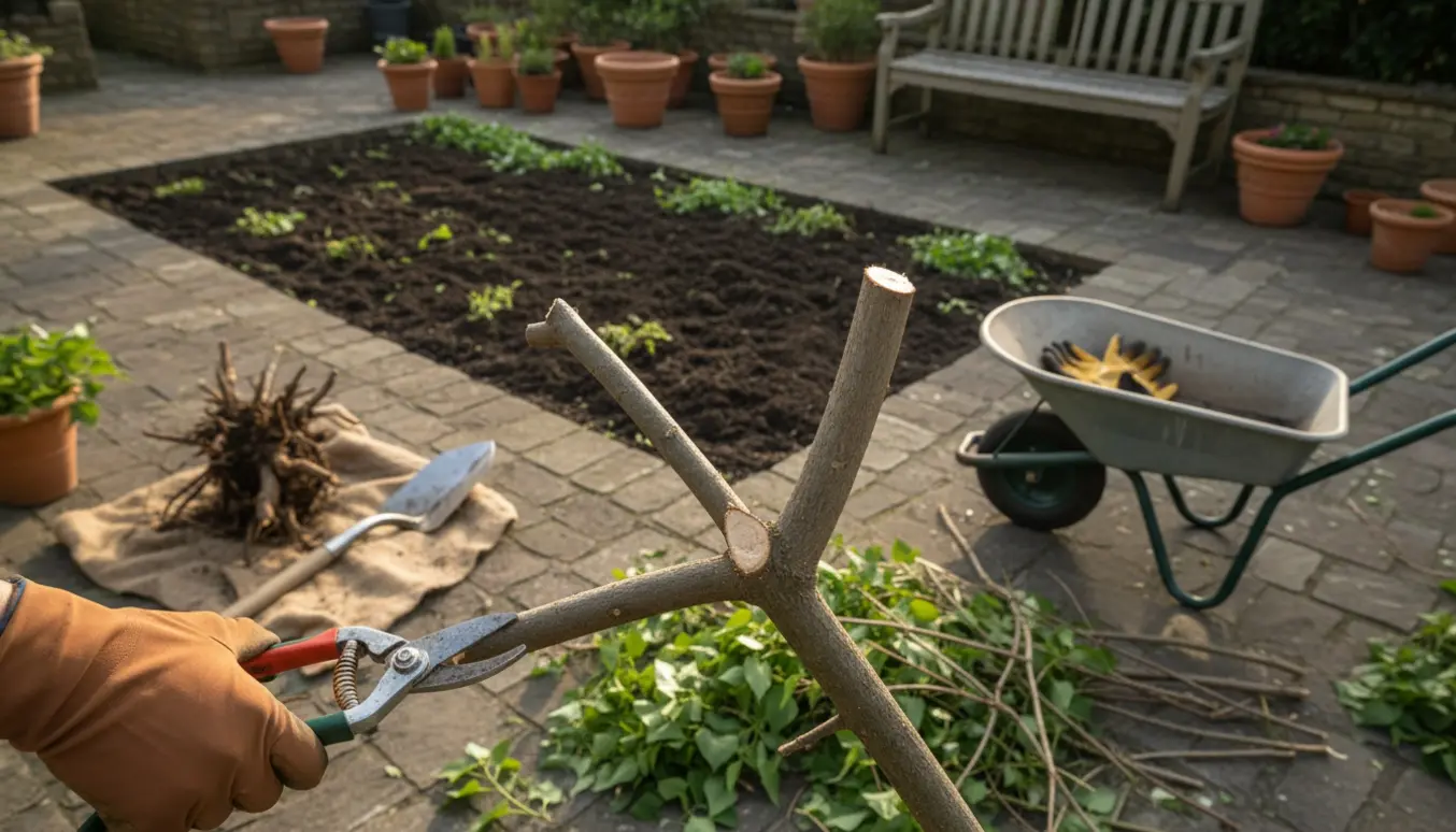 Terrassebed hvor ukrudt er fjernet, hyld er opgravet, og hænder beskærer en syren.