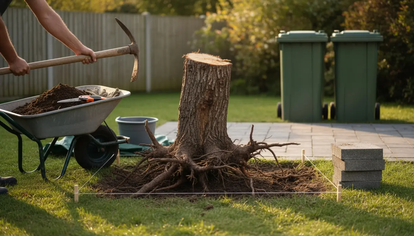 En baghave med et lille træstub og værktøj, hvor roden graves op klar til at lægge sten.