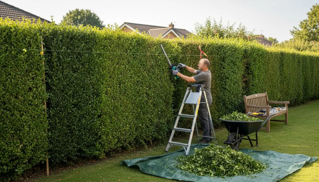 Gartner beskærer en 10 meter hæk med hækkeklipper; en snor markerer den ønskede højde og friske afklip ligger i en trillebør.