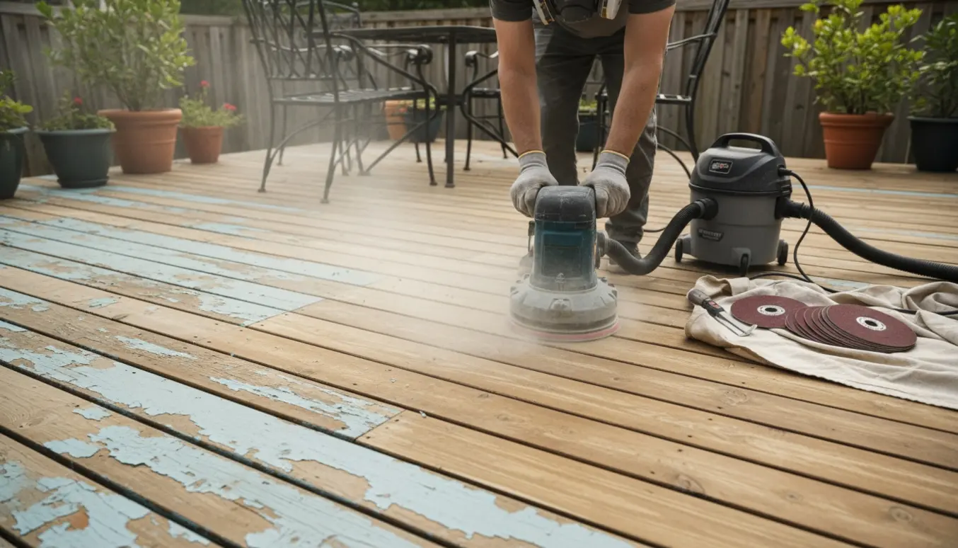 Afslibning af en træterrasse med en gulvsliber, hvor afskallet maling fjernes og det naturlige træ kommer frem.