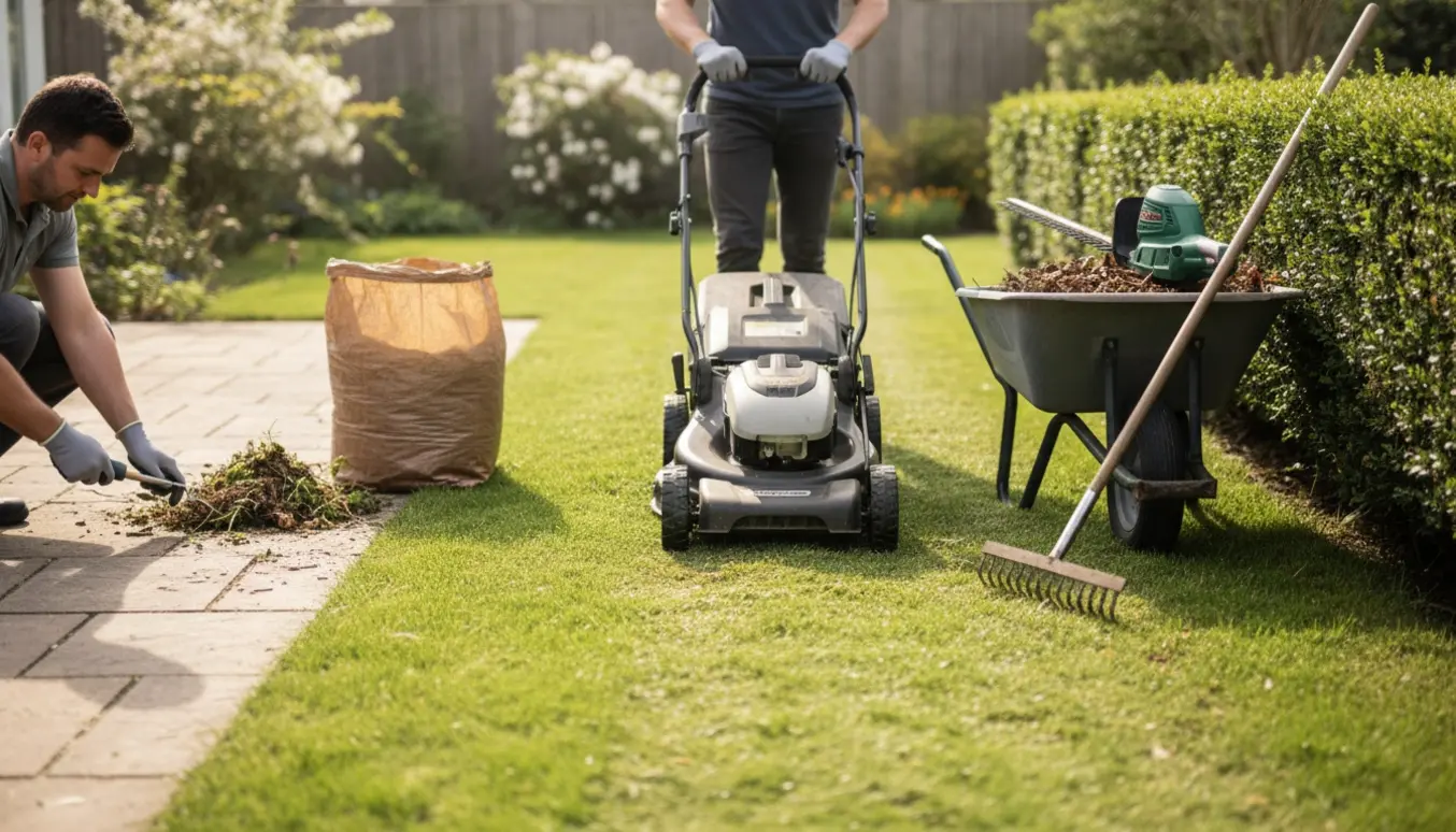 Nyslået græs, ryddet hæk og terrasse med håndværktøj til ukrudtsfjerning.