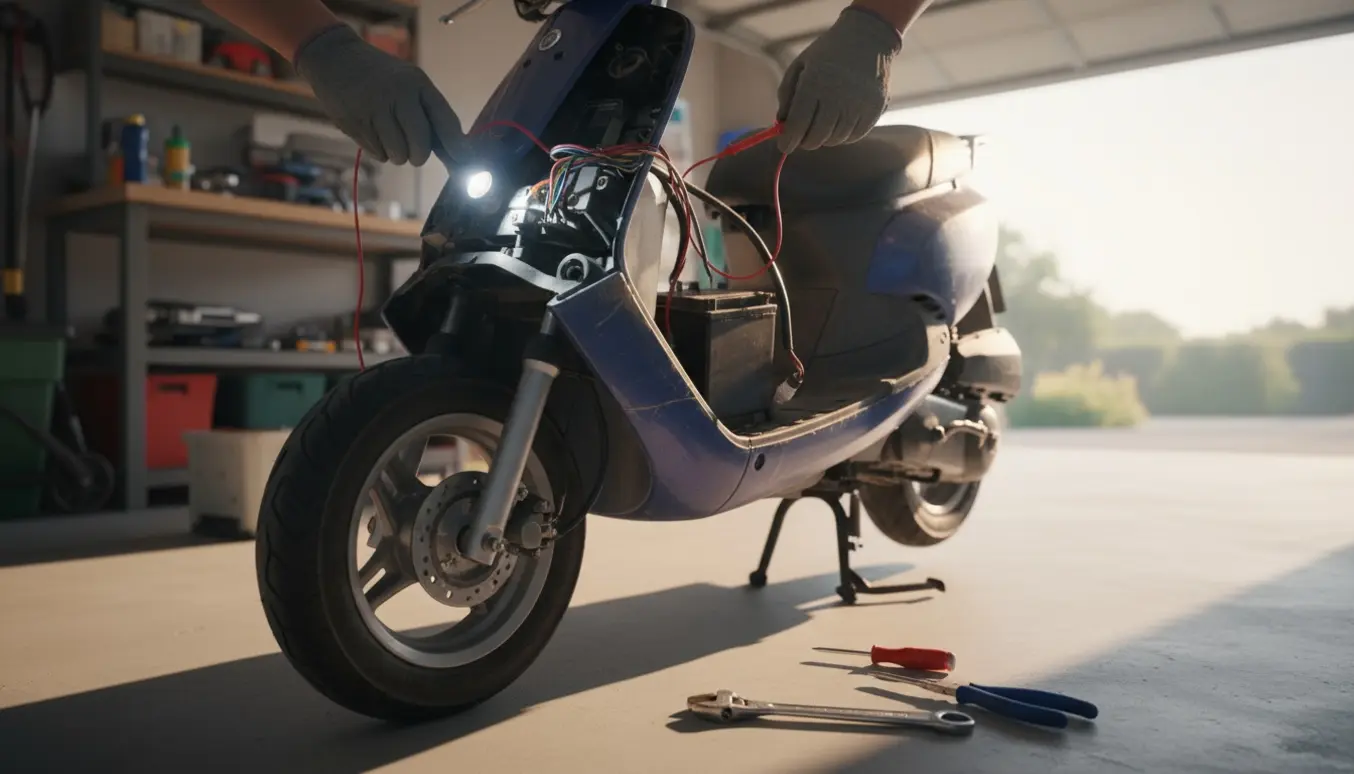 Knallert med åben under-sædepanelet, batteri og værktøj mens handsker undersøger ledninger og tænding.