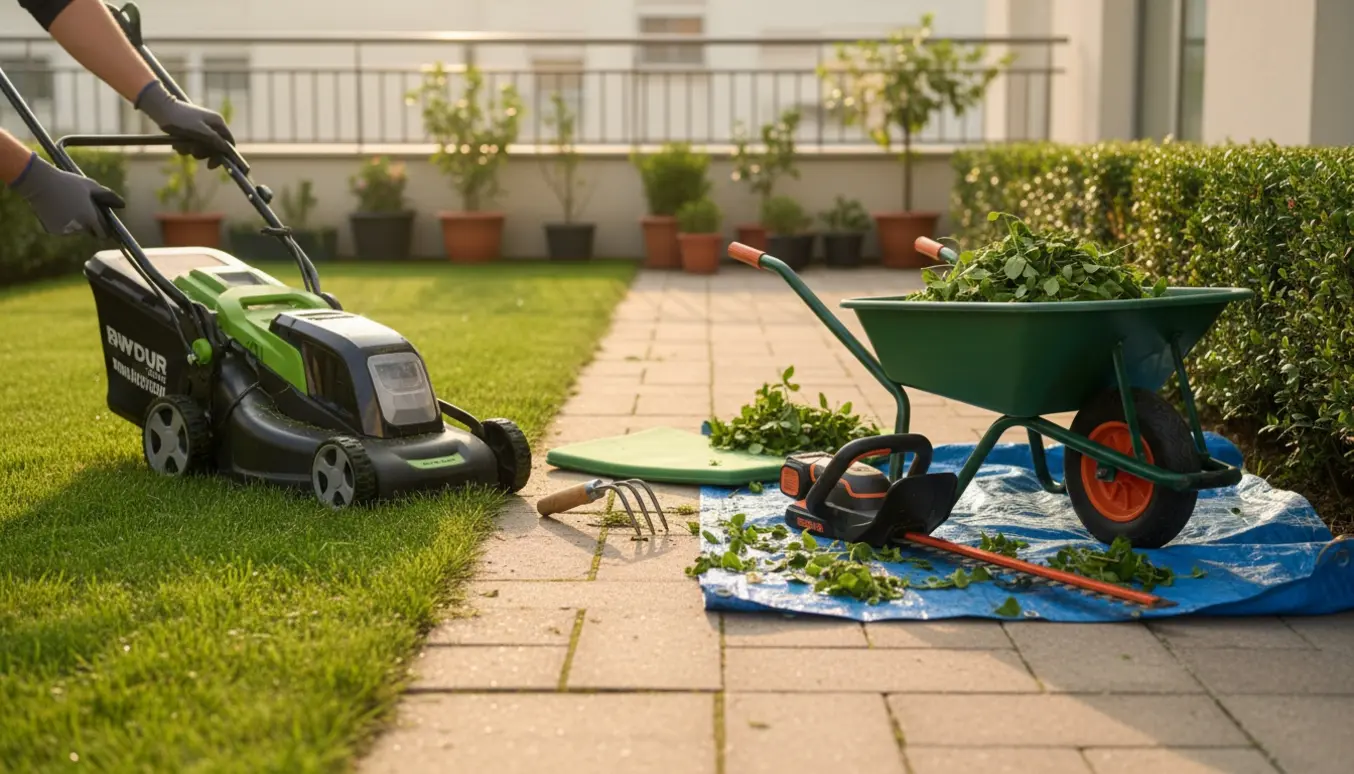 Nærbillede af en lille lejlighedshave med nyslået græs, nysnittet hæk og en hånd der renser ukrudt mellem fliserne.