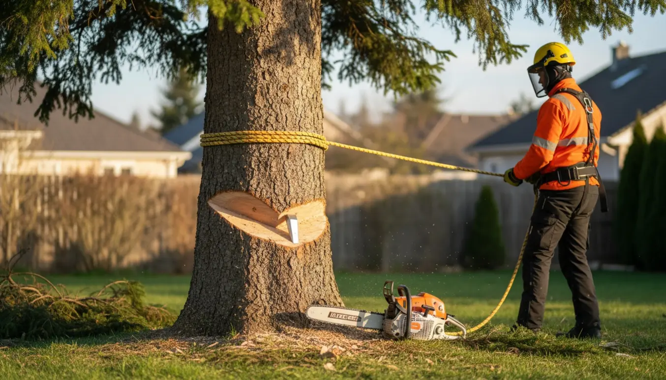 En fagperson forbereder at fælde en stor gran/fyr i en baghave med motorsav, kile og tov.