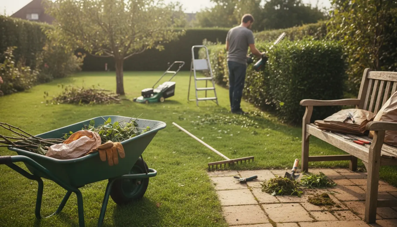 Hækkeklipning, græsslåning og ukrudtsfjerning i en velplejet have med haveredskaber og trillebør.